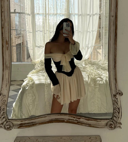 Mesh Off The Shoulder Party Dresses Mini Flare Sleeve Elegant and Beautiful Dress Beige A Line Female Casual Dress