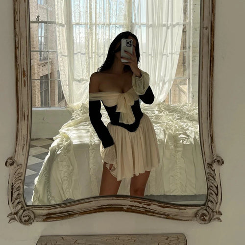 Load image into Gallery viewer, Mesh Off The Shoulder Party Dresses Mini Flare Sleeve Elegant and Beautiful Dress Beige A Line Female Casual Dress
