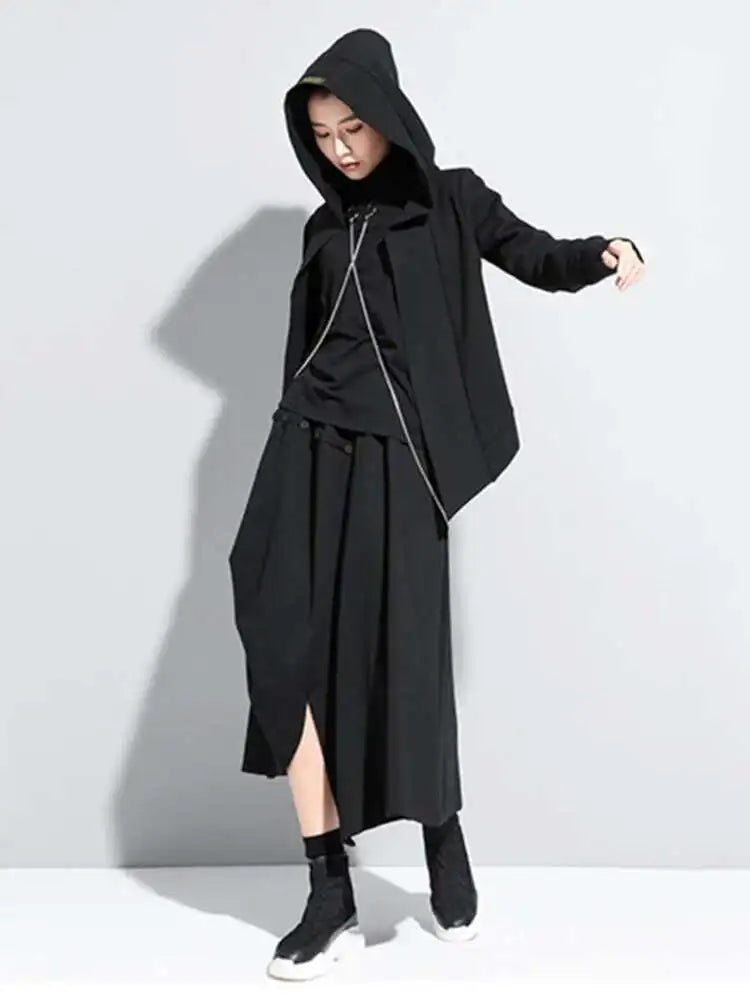 Loose Fit Black Brief Irregular Short Jacket New Hooded Long Sleeve Women Coat Fashion Tide Spring Autumn 2025 1Z591