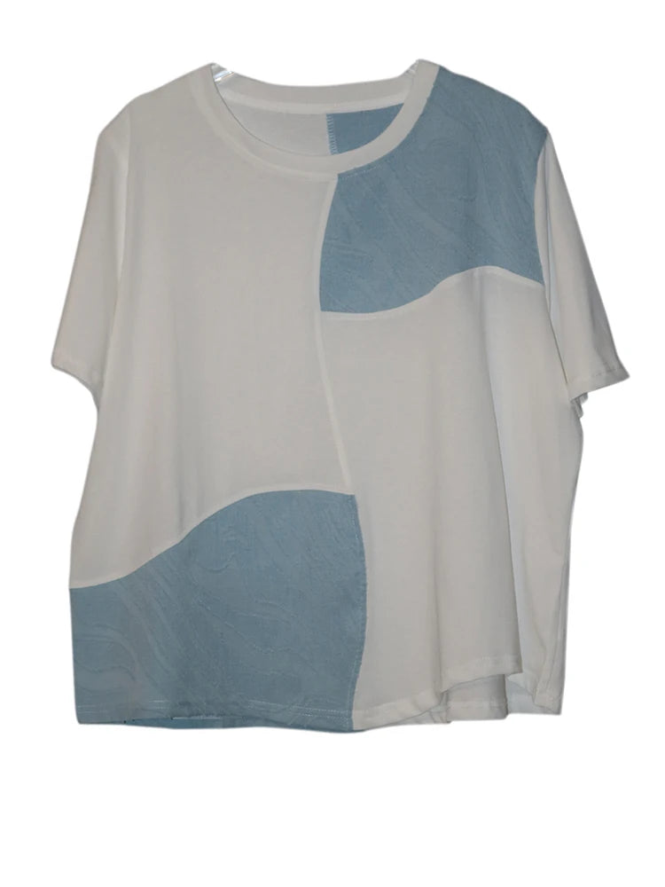 Women Black Color-block Textured Big Size T-shirt New Round Neck Short Sleeve Fashion Tide Spring Summer 2025 1DJ1220