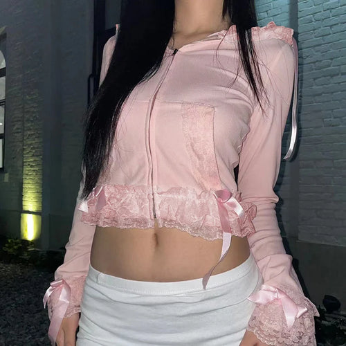 Load image into Gallery viewer, Korean Sweet Pink Hooded T shirt Female Slim Zip Up Tee Shirts Coquette Clothes Bow Lace Spliced Lolita Autumn Tops
