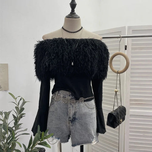 Load image into Gallery viewer, Y2k Aesthetic Vintage Fur Patchwork Bodycon Tees Harajuku Women Slash Neck Grunge T-shirt Streetwear Fairy Hole Cropped Tshirt
