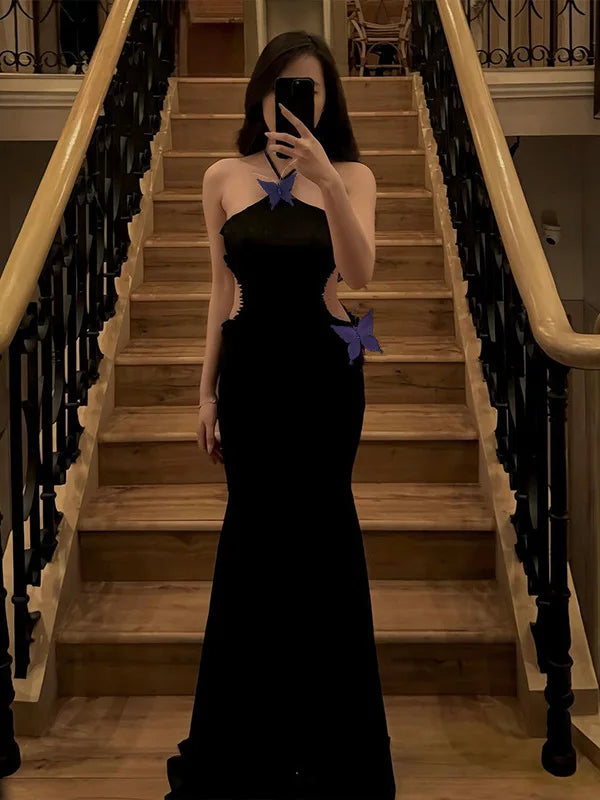 Sexy Sleeveless Hanging Zero Hollow Out  Bow Slim Dress For Women Elegant Bodycon Backless Fishtail 2025 Party Vestidos