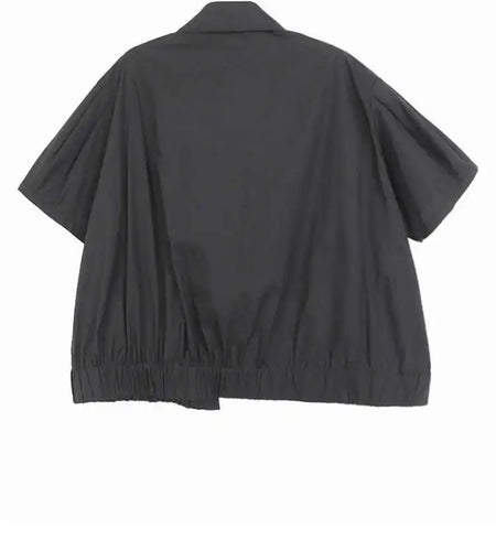 Women Black Irregular Pleated Big Size Casual Blouse New Lapel Short Sleeve Shirt Fashion Tide Spring Summer 2025 1DJ0132