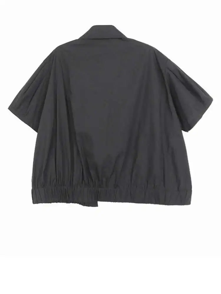 Women Black Irregular Pleated Big Size Casual Blouse New Lapel Short Sleeve Shirt Fashion Tide Spring Summer 2025 1DJ0132
