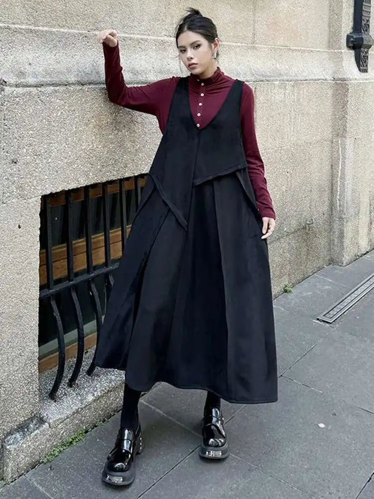 Women Black Irregular Spliced Big Size Long Strap Dress New V-Neck Sleeveless Fashion Tide Spring Autumn 2025 1DH7700