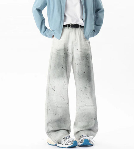 Men's Jeans New Summer Korean Tie-dyed Paint Dot Splash Ink White Casual Handsome Straight Leg Male Bottoms 9W1675