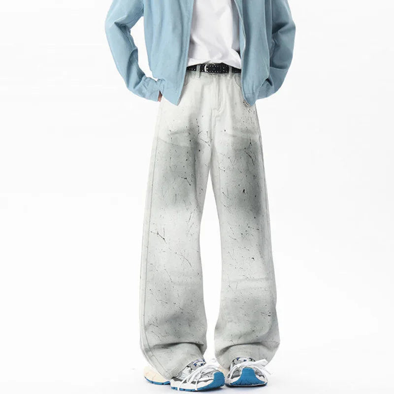Men's Jeans New Summer Korean Tie-dyed Paint Dot Splash Ink White Casual Handsome Straight Leg Male Bottoms 9W1675
