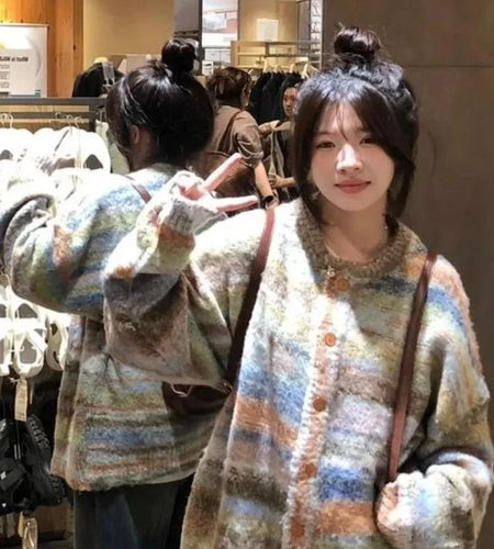 Women Fashion Sweet Y2k Aesthetic Coats Vintage Harajuku Contrast Color Sweaters Loose All Match New Grunge Cardigans Japanese