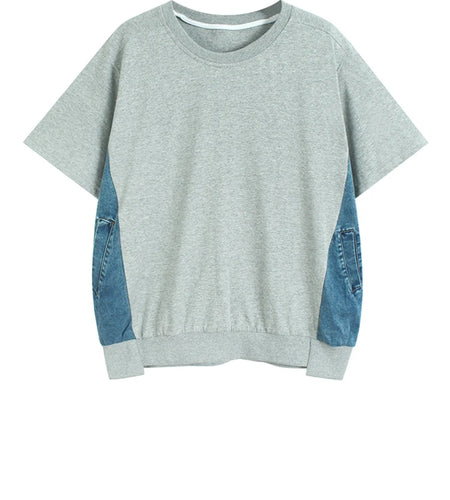 Women Gray Denim Color-block Big Size Casual T-shirt New Round Neck Short Sleeve Fashion Tide Spring Summer 2025 1DJ1584