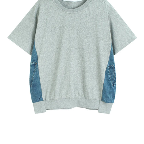 Load image into Gallery viewer, Women Gray Denim Color-block Big Size Casual T-shirt New Round Neck Short Sleeve Fashion Tide Spring Summer 2025 1DJ1584

