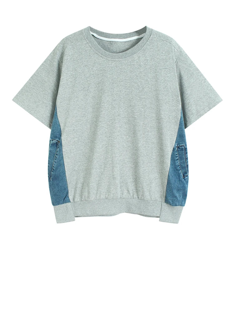 Women Gray Denim Color-block Big Size Casual T-shirt New Round Neck Short Sleeve Fashion Tide Spring Summer 2025 1DJ1584