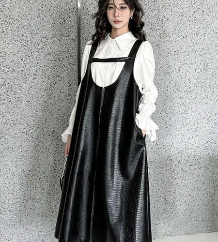 Women Black Big Size PU Leather Zipper Strap Dress New Square Collar Sleeveless Fashion Tide Spring Autumn 2025 1DH4461