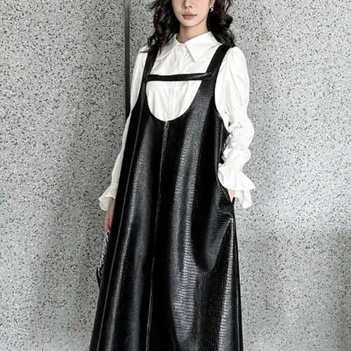 Load image into Gallery viewer, Women Black Big Size PU Leather Zipper Strap Dress New Square Collar Sleeveless Fashion Tide Spring Autumn 2025 1DH4461
