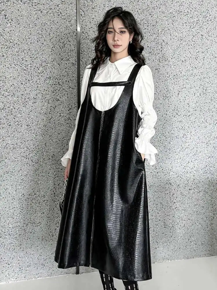 Women Black Big Size PU Leather Zipper Strap Dress New Square Collar Sleeveless Fashion Tide Spring Autumn 2025 1DH4461