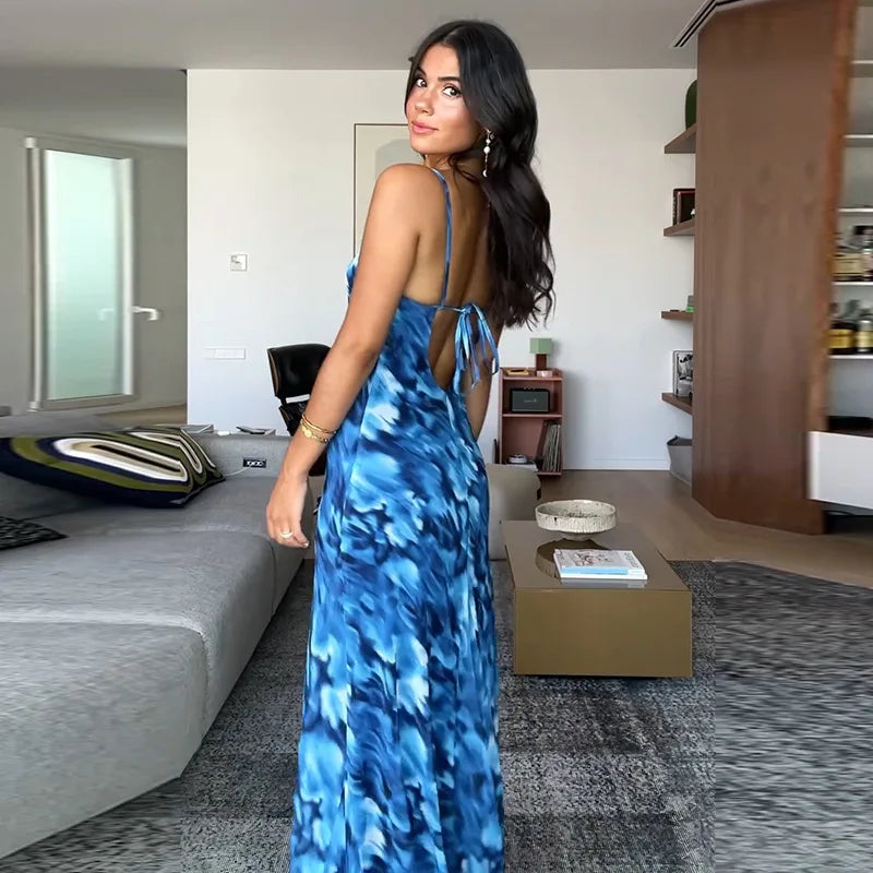 Halter Backless Print Sexy Maxi Dress For Women Gown Elegant Blue Printed Lace-up Sleeveless Evening Long Dress