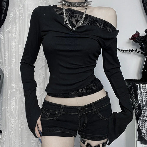 Load image into Gallery viewer, Y2k Aesthetic Women Sexy Fake Two Pieces Crop T-shirt Streetwear Skew Collar Grunge Tshirts Harajuku Lace Patchwork Tees Femme
