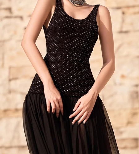 Wave Point Two Piece Sets for Women Square Neck Sleeveless Top High Waist Sheer Spliced Folds Skirt Set Female New