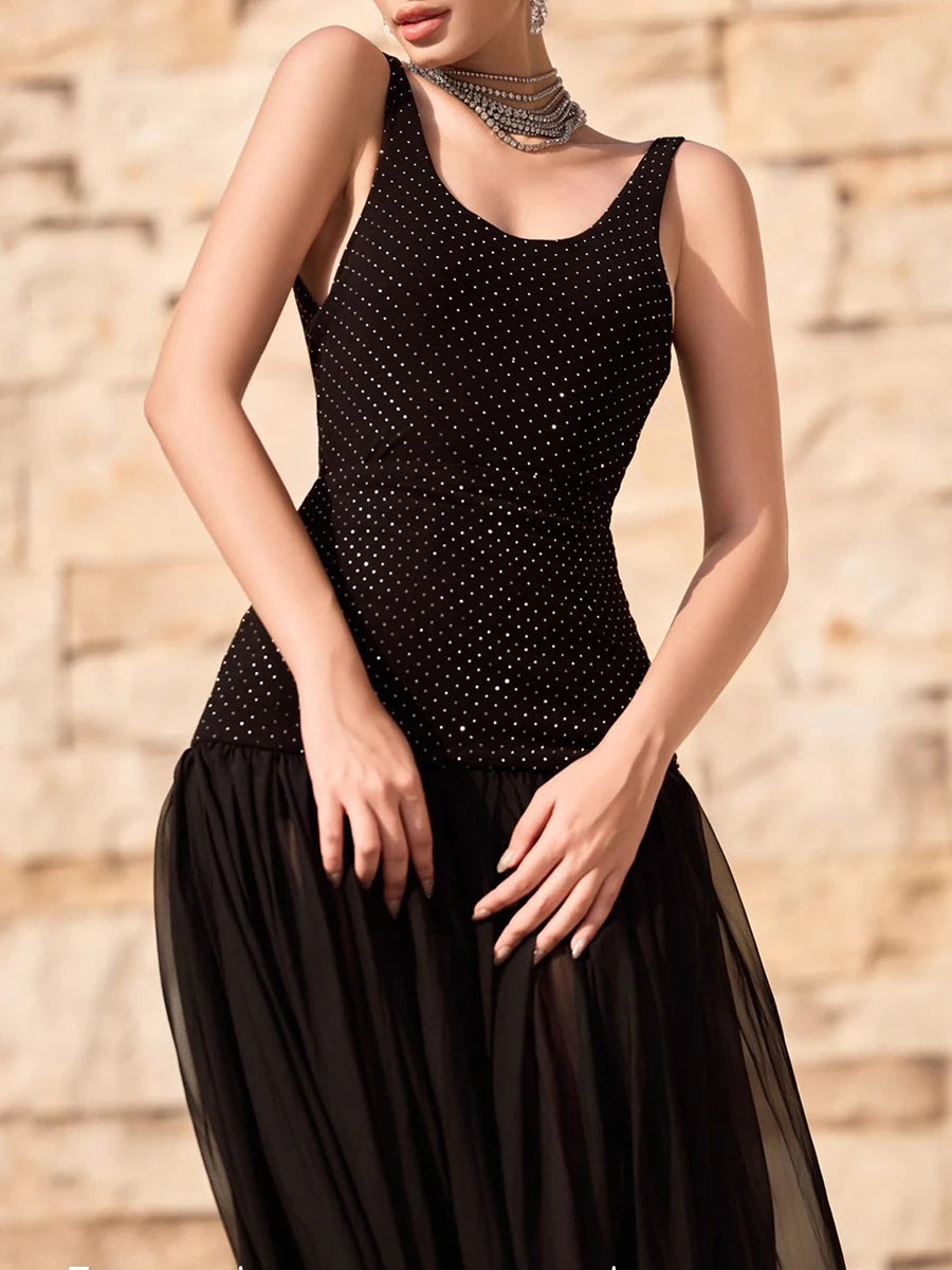 Wave Point Two Piece Sets for Women Square Neck Sleeveless Top High Waist Sheer Spliced Folds Skirt Set Female New