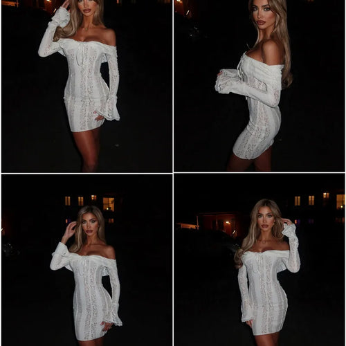 Load image into Gallery viewer, Off-shoulder Lace Sexy Mini Dress For Women White Strapless Long Sleeve Backless Bodycon Club Party Sexy Dress Elegant
