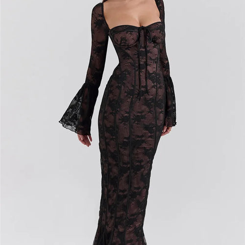 Load image into Gallery viewer, Lace Print Long Flare Sleeve Sexy Maxi Dress For Women Fashion Square Collar Backless Bodycon Club Party Sexy Dress
