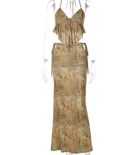 Leopard Print 2 Pcs Sets Halter Backless Ruched Bandage Sexy Camis Maxi Skirt Women Fashion Y2K Outfits Beach Vacation