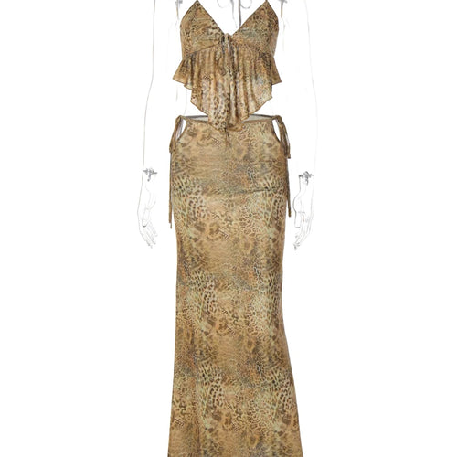 Load image into Gallery viewer, Leopard Print 2 Pcs Sets Halter Backless Ruched Bandage Sexy Camis Maxi Skirt Women Fashion Y2K Outfits Beach Vacation
