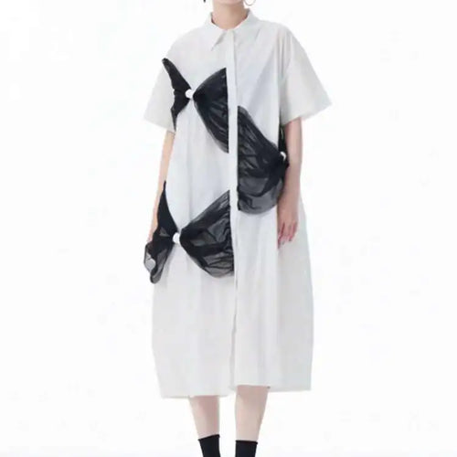 Load image into Gallery viewer, Women White Mesh Bow Color-block Big Size Shirt Dress New Lapel Short Sleeve Fashion Tide Spring Summer 2025 1DJ0048

