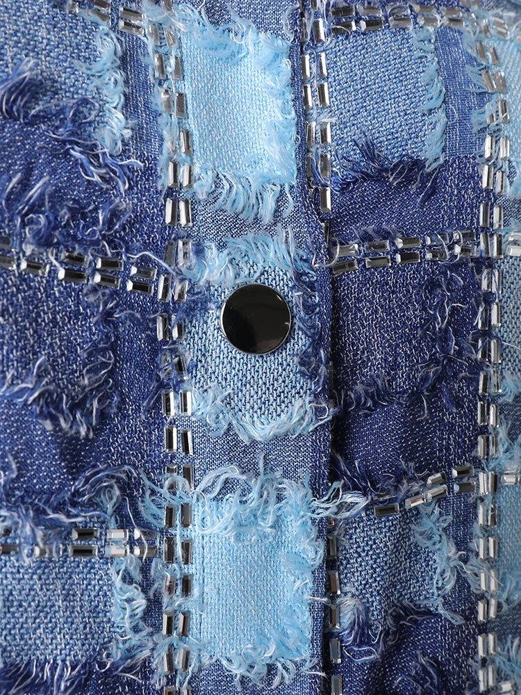 Women Blue Plaid Rhinestones Burr Big Size Blouse New Lapel Long Sleeve Shirt Fashion Tide Spring Autumn 2025 29L6766