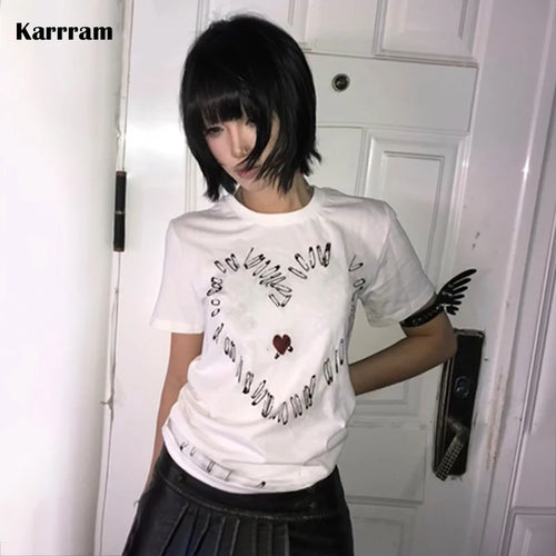 Load image into Gallery viewer, Japanese Y2k Heart print T-shirt Trashy 2000s Style Short Sleeve Tee Shirt Vintage Harajuku Streetwear Grunge Aesthetics
