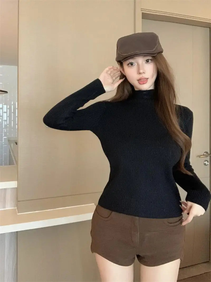 Solid Warm Elegant Fashion Half Turtleneck Sweater Women 2023 Autumn Winter Vintage Basic Long Sleeve Plush Pullover Tops Simple