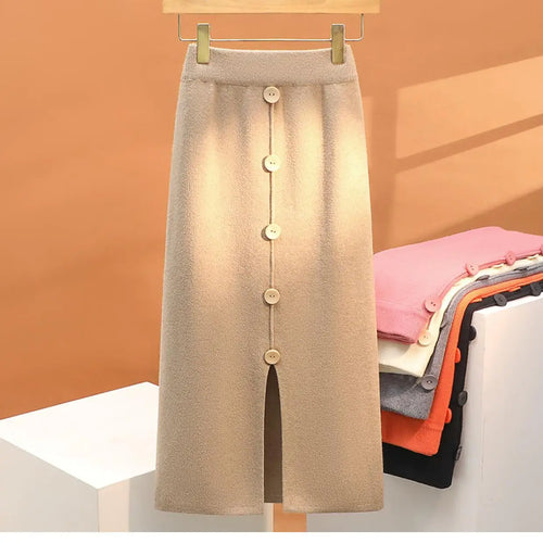 Load image into Gallery viewer, Solid Knit Wrap Hip Skirts Women 2023 Autumn Winter New Fashion Midi Skirt Vintage Casual Elastic High Waist Button Split Skirt

