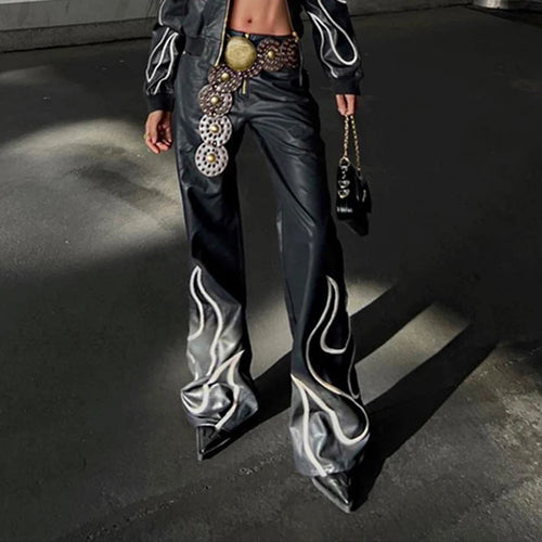 Load image into Gallery viewer, Streetwear Chic Low Waist Leather Pants Elegant Fashion Flame Embroidery Boot Cut Flare Trousers Chic Party Clothing
