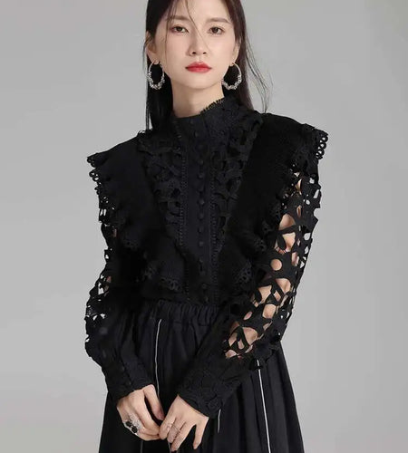 Women White Hollow Out Embroidery Vintage Blouse New Stand Collar Long Sleeve Shirt Fashion Spring Autumn 2025 1DH3997