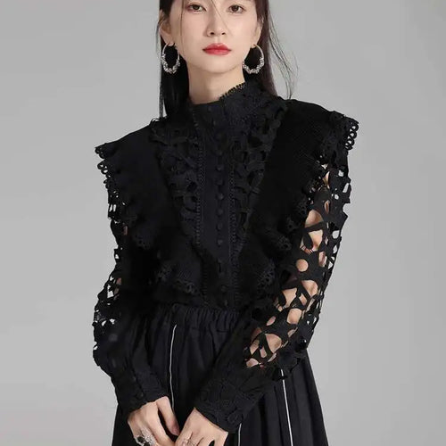 Load image into Gallery viewer, Women White Hollow Out Embroidery Vintage Blouse New Stand Collar Long Sleeve Shirt Fashion Spring Autumn 2025 1DH3997
