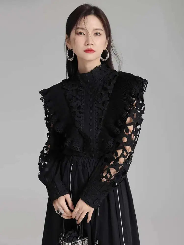 Women White Hollow Out Embroidery Vintage Blouse New Stand Collar Long Sleeve Shirt Fashion Spring Autumn 2025 1DH3997