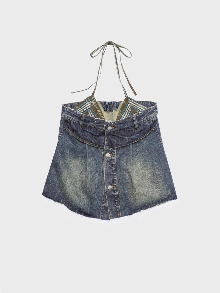 Hit Color Spliced Button Loose Vests For Women Halter Sleeveless Patchwork Flash Vest Female Fashion Style Clothes