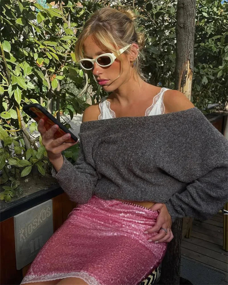 Sequin Summer Beach Sexy Skirt Women Elegant Sparkle High Waist A-line Skirts Female Pink Vacation Club Party Skirt