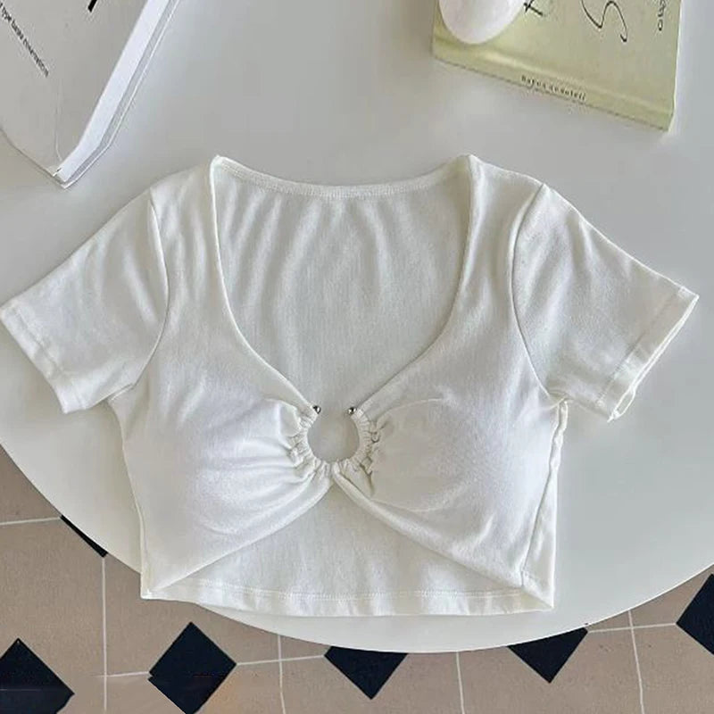 y2k Crop Tops Women Summer Clothes Sexy Solid Color Metal Ring Short Sleeve Padded T Shirts 2000s Clothing Streetwear