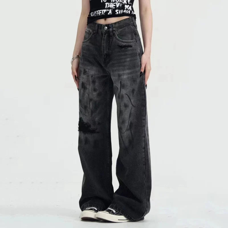 Graffiti Whiskers Men's Jeans Won-out Splash-ink Zipper Hip Hop Straight Leg Winter Male Denim Pants 2024 American 9C8814