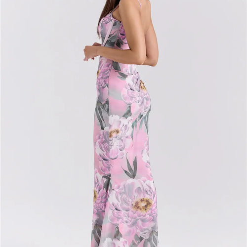 Load image into Gallery viewer, Pink Floral Sexy Maxi Dress Women Gown Spaghetti Strap Sleeveless Backless Elegant Evening Club Party Long Dress

