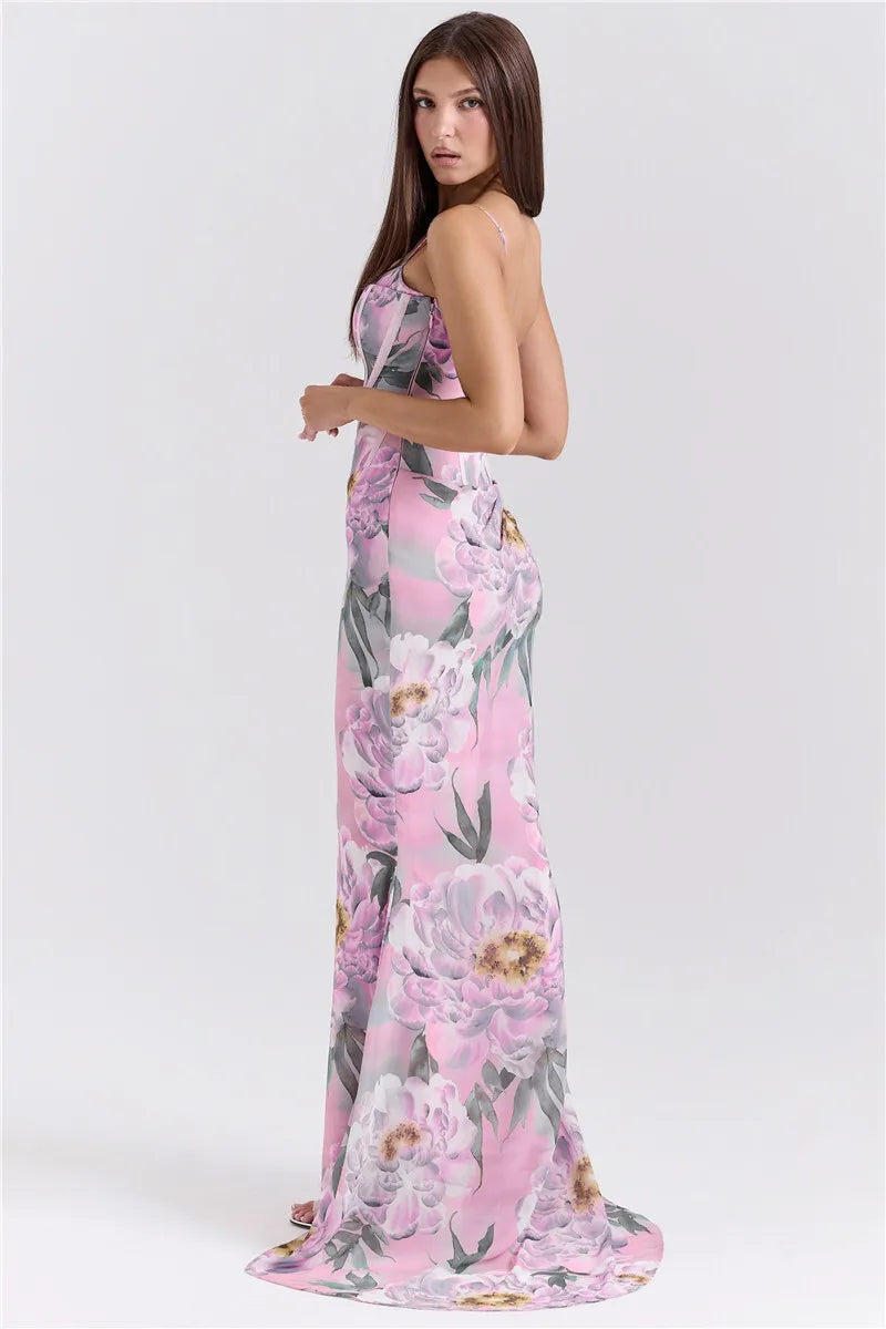 Pink Floral Sexy Maxi Dress Women Gown Spaghetti Strap Sleeveless Backless Elegant Evening Club Party Long Dress