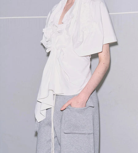 Solid Spliced Appliques Slimming Blouses For Women V Neck Short Sleeve Tunic Temperament Shirt Female Fashion Style