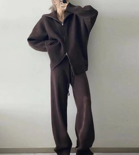 Autumn Winter Women Knitted Two Pieces Set Beige Brown Zipper Sweater Tops And High Waist Drawstring Wide Leg Pant Fashion Trend