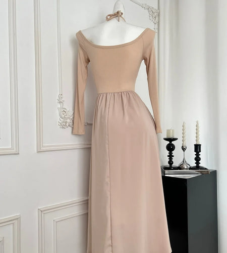 Autumn New Women Khaki Elegant Long Sleeve High Waist Pleated Dress Korean Backless Round Neck Halter Lace-up Dress Casual Trend