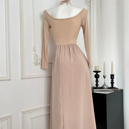 Load image into Gallery viewer, Autumn New Women Khaki Elegant Long Sleeve High Waist Pleated Dress Korean Backless Round Neck Halter Lace-up Dress Casual Trend
