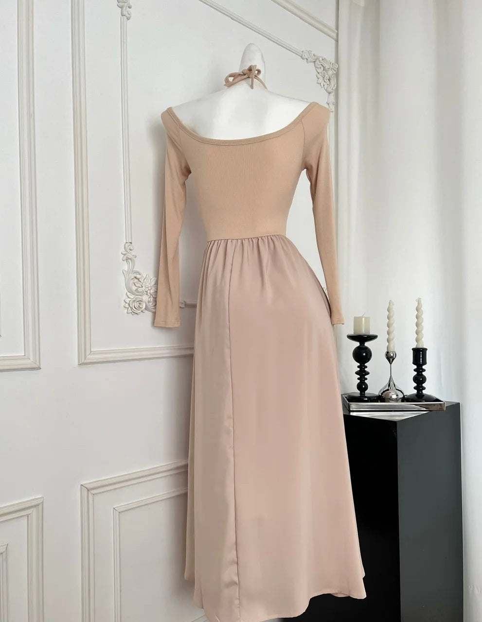 Autumn New Women Khaki Elegant Long Sleeve High Waist Pleated Dress Korean Backless Round Neck Halter Lace-up Dress Casual Trend