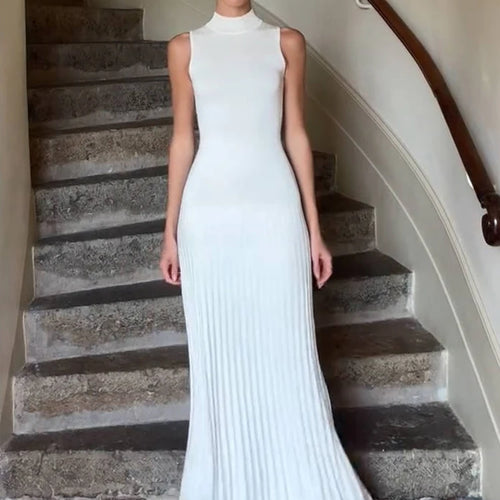 Load image into Gallery viewer, Half High Collar Sleeveless Knit Maxi Dress For Women Fashion Solid Bodycon Sexy Pleated Long Knitted Sweater Dress
