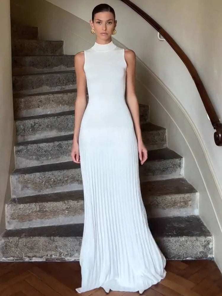 Half High Collar Sleeveless Knit Maxi Dress For Women Fashion Solid Bodycon Sexy Pleated Long Knitted Sweater Dress
