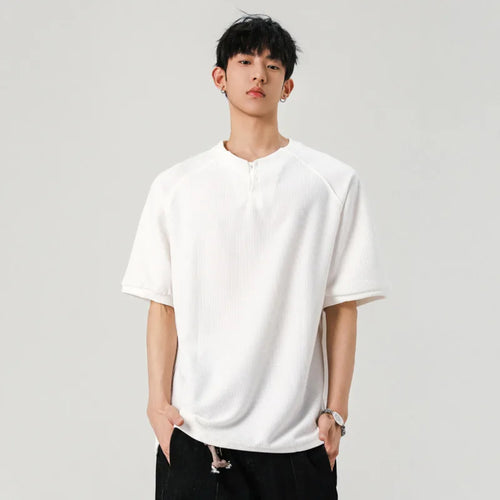 Load image into Gallery viewer, Male T-shirts New Korean Style O-neck Solid Color Buttons Short Sleeved Tops Men's Pullover Tees Summer Simple 2025 9W1249

